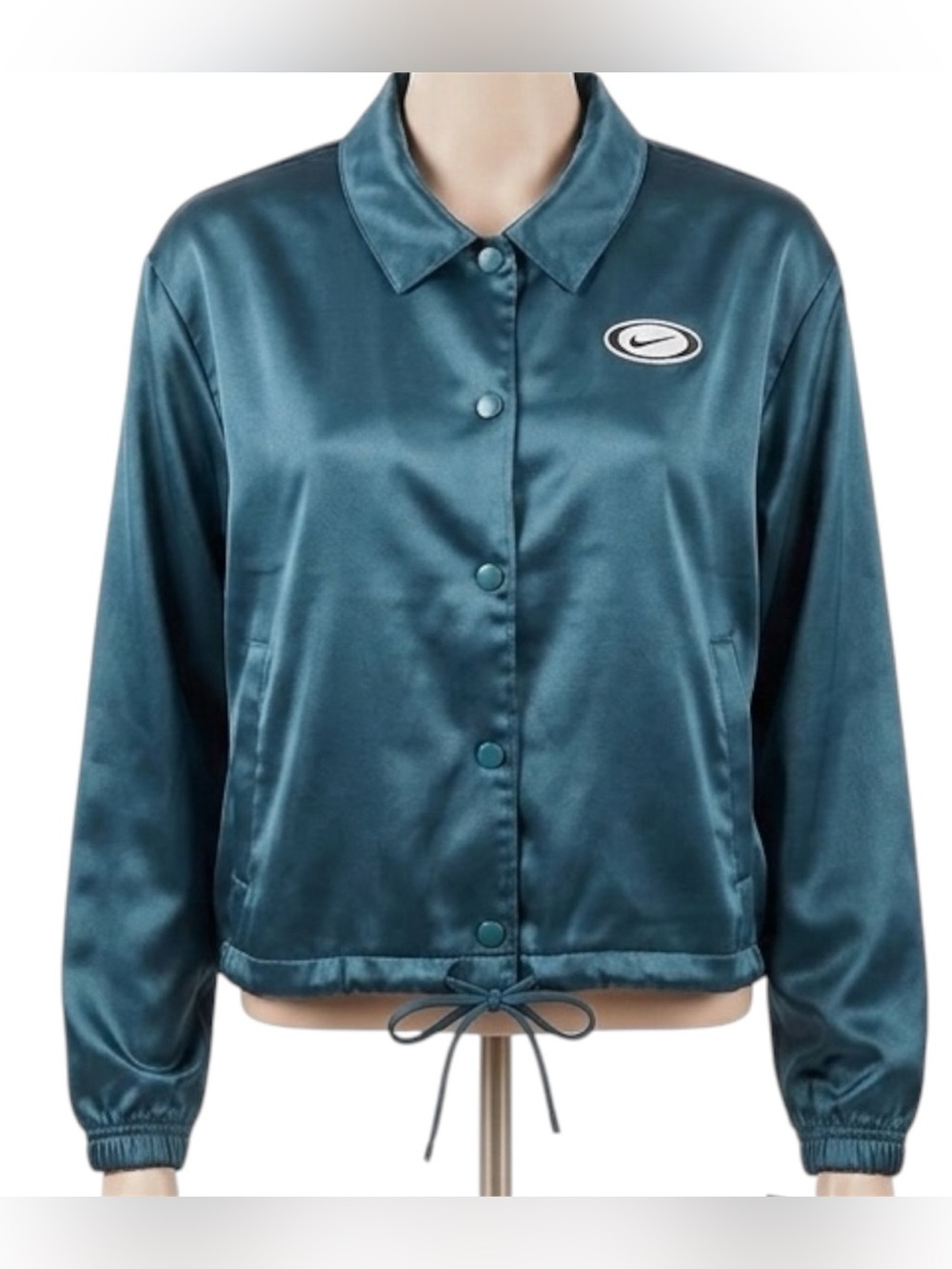 Nike Women’s Satin Bomber Jacket Dark Teal Size 2X Embroidered Logo Lined Snap